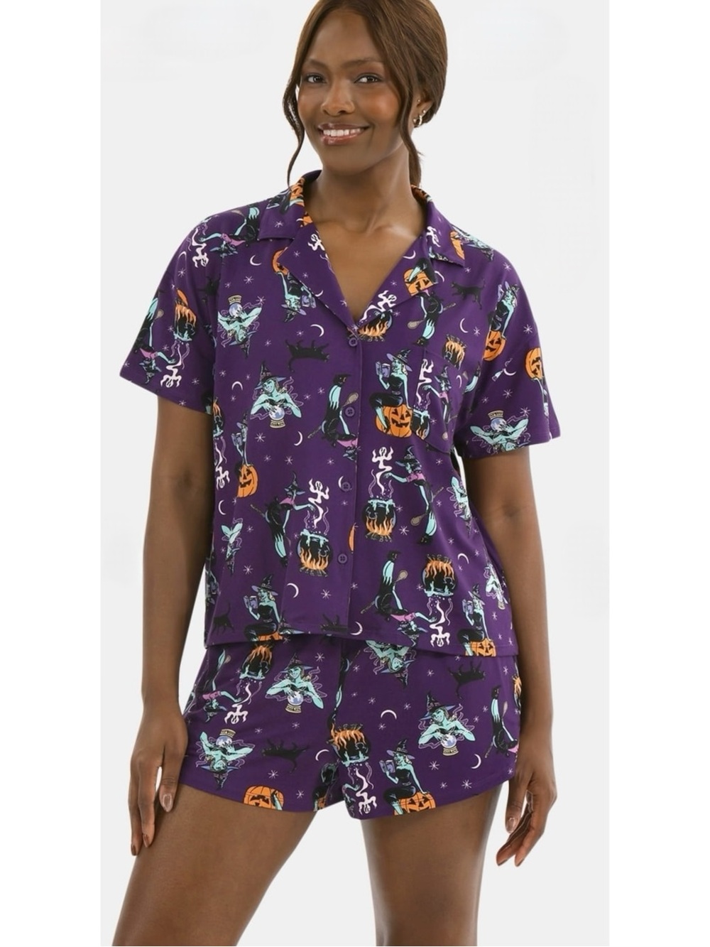 . Way To Celebrate Halloween Purple Witch Printed Button Up Shirt & Shorts Set - Picture 7 of 10
